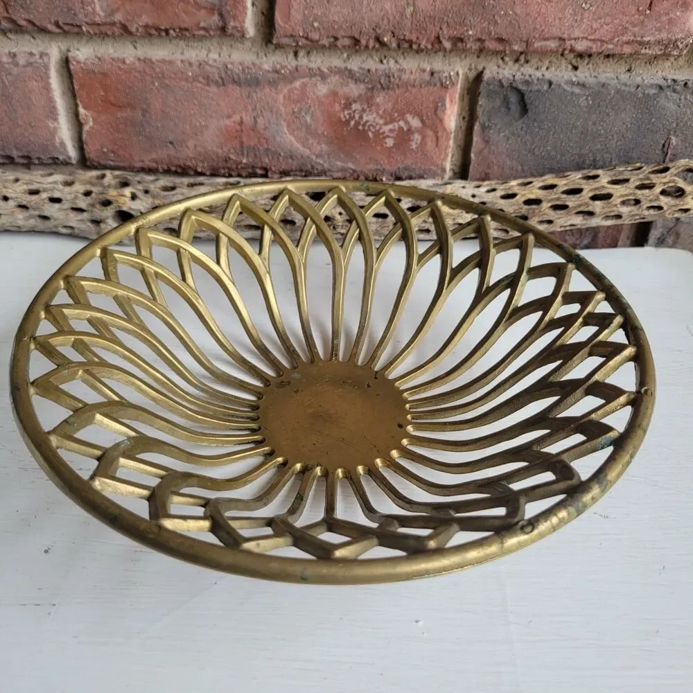 RARE Mid Century Solid Brass Openwork Lotus Bowl Tray